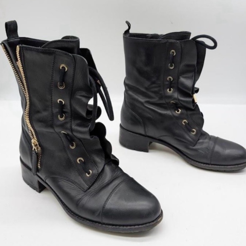 Valentino Black Ruffled Leather LaceUp Biker Combat Boots Gold Hardware US10/I40 - Picture 5 of 16
